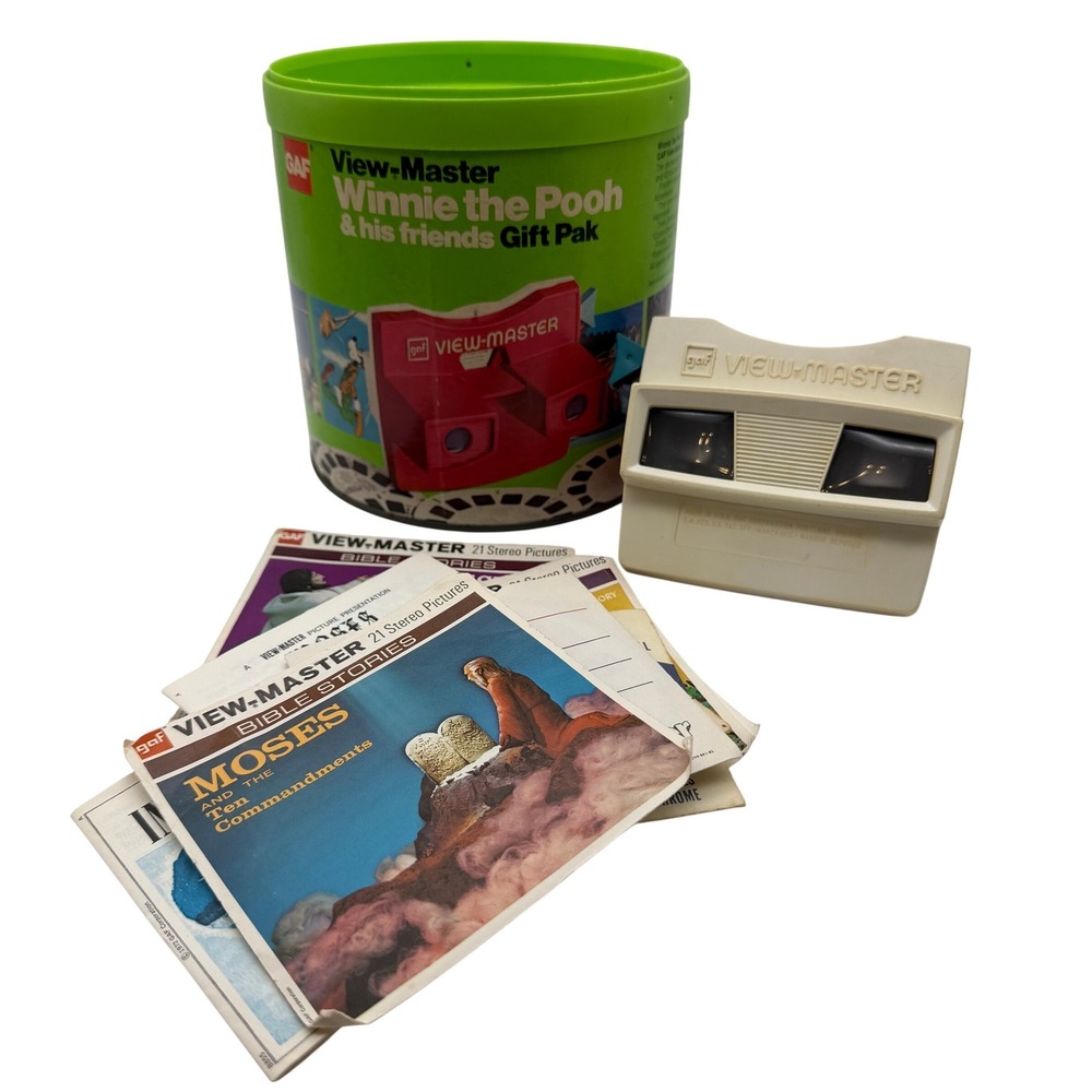 VTG GAF View-Master white Viewer Winnie the Pooh Canister Bible Reels Lot